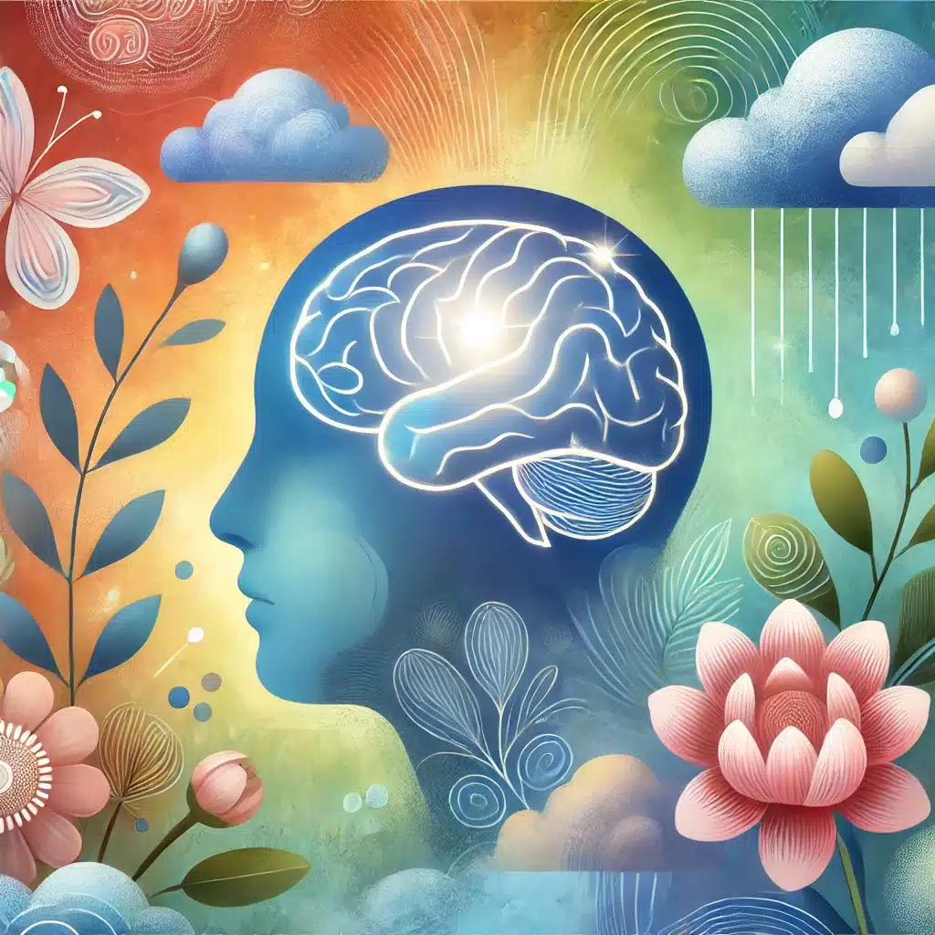 DALL·E 2025 01 10 10.55.14 An artistic illustration of mental health awareness featuring a calm and serene face with a glowing brain surrounded by soft colorful elements like-Psiquiatra Uberlandia